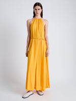 Front full length image of model wearing Lenny Dress in Matte Jersey in MARIGOLD