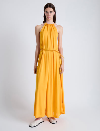 Front full length image of model wearing Lenny Dress in Matte Jersey in MARIGOLD