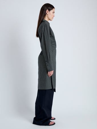 Side full length image of model wearing Lane Wrap Dress in Yarn Dye Shirting in BLACK/PALE YELLOW