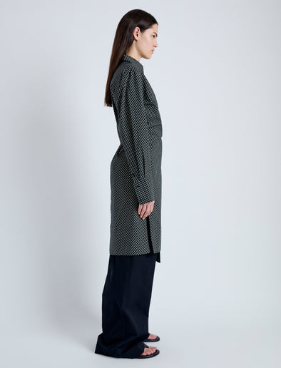 Side full length image of model wearing Lane Wrap Dress in Yarn Dye Shirting in BLACK/PALE YELLOW