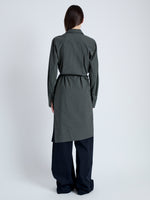 Back full length image of model wearing Lane Wrap Dress in Yarn Dye Shirting in BLACK/PALE YELLOW