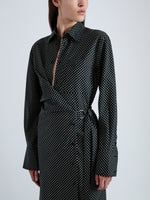 Detail image of model wearing Lane Wrap Dress in Yarn Dye Shirting in BLACK/PALE YELLOW