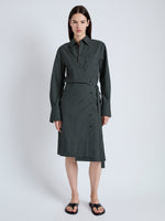 Front full length image of model wearing Lane Wrap Dress in Yarn Dye Shirting in BLACK/PALE YELLOW