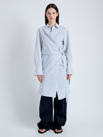 Front full length image of model wearing Lane Wrap Dress in Yarn Dye Shirting in WHITE/PEWTER
