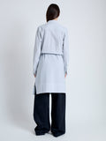 Back full length image of model wearing Lane Wrap Dress in Yarn Dye Shirting in WHITE/PEWTER