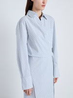 Detail image of model wearing Lane Wrap Dress in Yarn Dye Shirting in WHITE/PEWTER