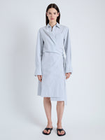 Front full length image of model wearing Lane Wrap Dress in Yarn Dye Shirting in WHITE/PEWTER