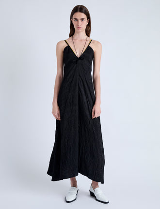 Front full length image of model wearing Davis Dress in Crinkled Flou in BLACK