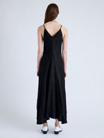 Back full length image of model wearing Davis Dress in Crinkled Flou in BLACK