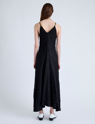 Back full length image of model wearing Davis Dress in Crinkled Flou in BLACK