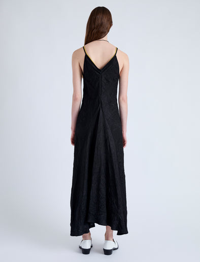 Back full length image of model wearing Davis Dress in Crinkled Flou in BLACK