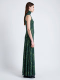 Side image of model wearing Jamie Dress in Shadow Print Jersey in DARK NAVY/OLIVE