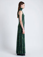Side image of model wearing Jamie Dress in Shadow Print Jersey in DARK NAVY/OLIVE