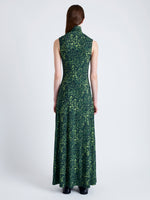 Back image of model wearing Jamie Dress in Shadow Print Jersey in DARK NAVY/OLIVE