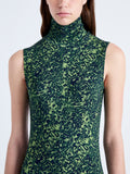 Detail image of model wearing Jamie Dress in Shadow Print Jersey in DARK NAVY/OLIVE