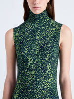 Detail image of model wearing Jamie Dress in Shadow Print Jersey in DARK NAVY/OLIVE