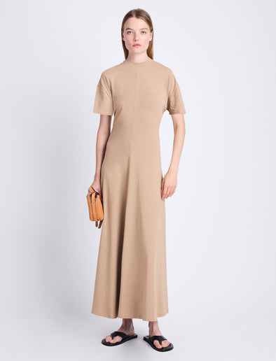 Front image of model wearing Noelle Dress in Jersey in KHAKI