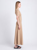 Side image of model wearing Noelle Dress in Jersey in KHAKI