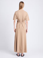 Back image of model wearing Noelle Dress in Jersey in KHAKI