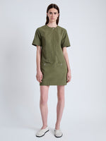 Front full length image of model wearing Watson Dress in Rumpled Cotton in DARK OLIVE