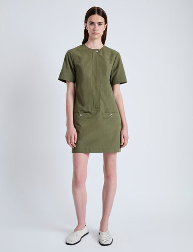 Front full length image of model wearing Watson Dress in Rumpled Cotton in DARK OLIVE