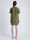 Back full length image of model wearing Watson Dress in Rumpled Cotton in DARK OLIVE