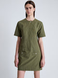 Detail image of model wearing Watson Dress in Rumpled Cotton in DARK OLIVE