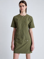 Detail image of model wearing Watson Dress in Rumpled Cotton in DARK OLIVE