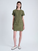 Front full length image of model wearing Watson Dress in Rumpled Cotton in DARK OLIVE