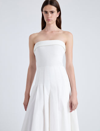Detail image of model wearing Warren Dress in Tech Poplin in WHITE