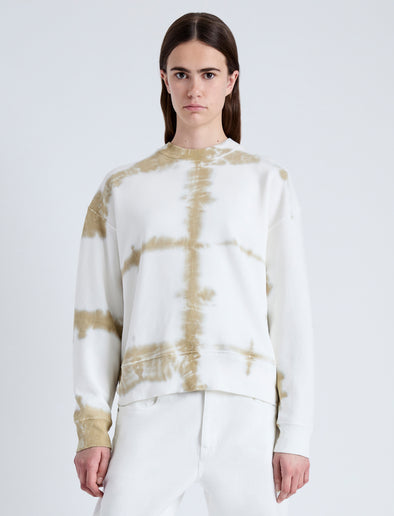 Front cropped image of model wearing Blake Sweatshirt in Grid Tie Dye in WHITE/KHAKI