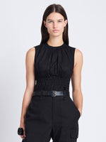 Front cropped image of model wearing Birdie Top in Poplin in BLACK