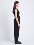 Side full length image of model wearing Birdie Top in Poplin in BLACK