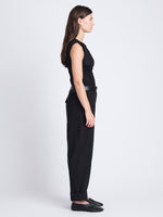 Side full length image of model wearing Birdie Top in Poplin in BLACK