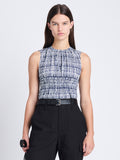 Front cropped image of model wearing Birdie Top in Grid Poplin in NAVY/OFF WHITE