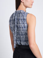 Detail image of model wearing Birdie Top in Grid Poplin in NAVY/OFF WHITE