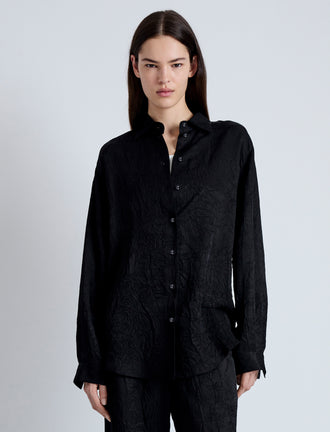 Front cropped image of model wearing Hall Shirt in Crinkled Flou in BLACK