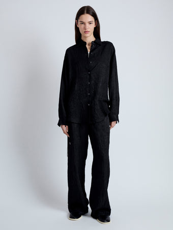Front image of model wearing Hall Shirt in Crinkled Flou in BLACK