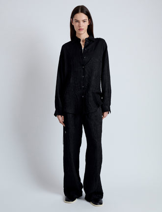Front image of model wearing Hall Shirt in Crinkled Flou in BLACK