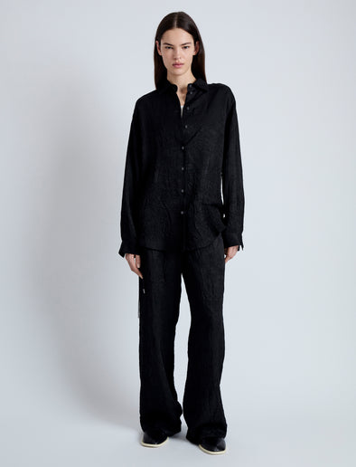 Front image of model wearing Hall Shirt in Crinkled Flou in BLACK