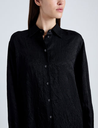 Detail image of model wearing Hall Shirt in Crinkled Flou in BLACK