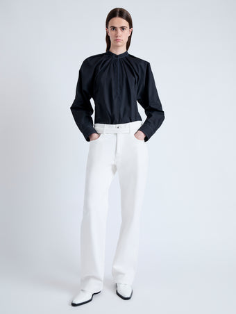 Front full length image of model wearing Carter Top in Tech Poplin in BLACK