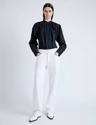 Front full length image of model wearing Carter Top in Tech Poplin in BLACK