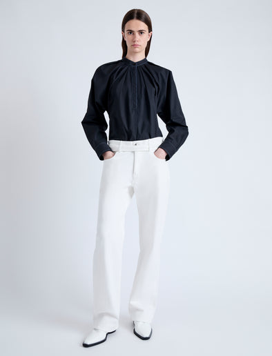 Front full length image of model wearing Carter Top in Tech Poplin in BLACK