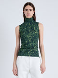 Front cropped image of model wearing Ines Top in Shadow Print Jersey in DARK NAVY/OLIVE