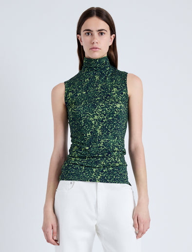 Front cropped image of model wearing Ines Top in Shadow Print Jersey in DARK NAVY/OLIVE