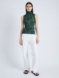Front full length image of model wearing Ines Top in Shadow Print Jersey in DARK NAVY/OLIVE