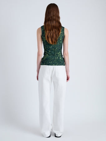 Back full length image of model wearing Ines Top in Shadow Print Jersey in DARK NAVY/OLIVE