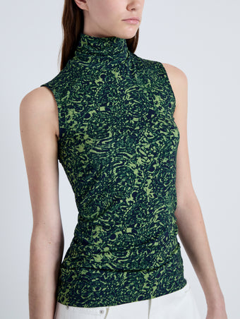 Detail image of model wearing Ines Top in Shadow Print Jersey in DARK NAVY/OLIVE