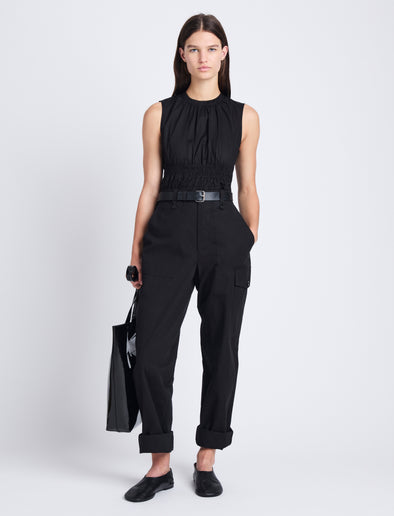 Front image of model wearing Octavia Pant in Solid Cotton Linen in black